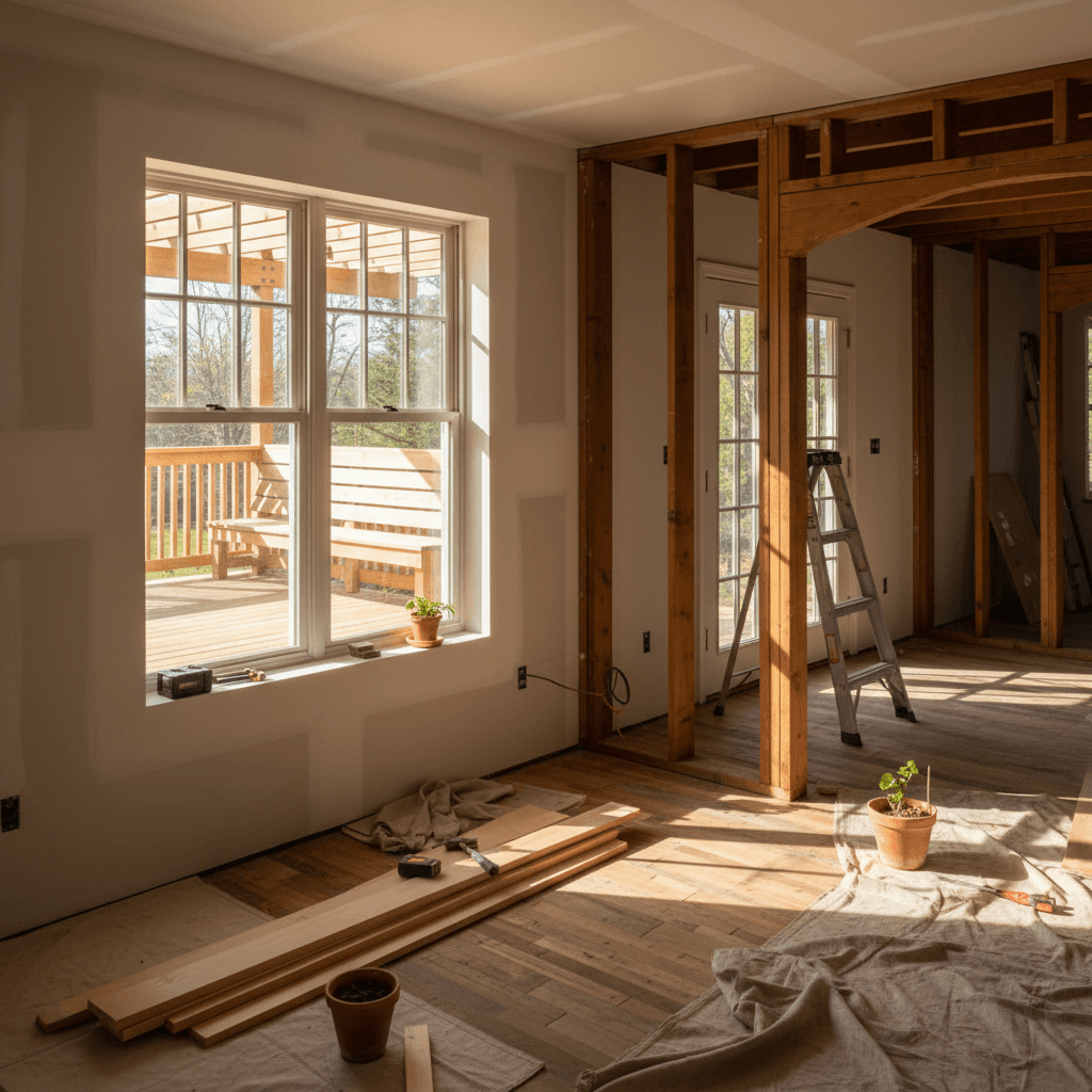 Interior residential renovation with natural light and new framing