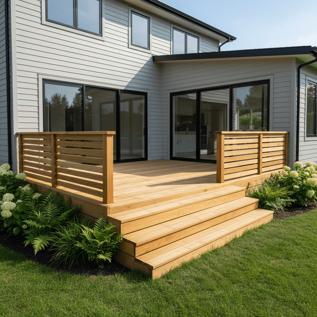 New deck construction with professional railings and finishing