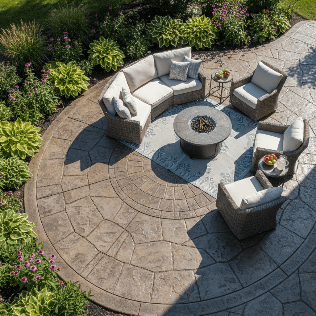 Finished stamped concrete patio with geometric pattern detail