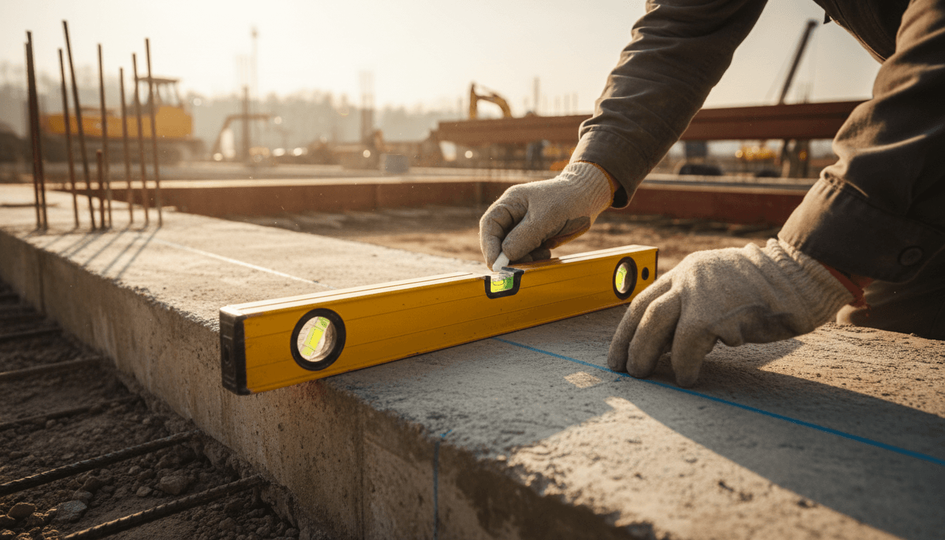 Construction worker carefully measuring and marking concrete foundation with level and chalk line