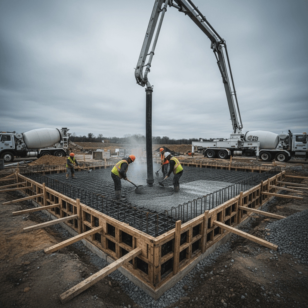 Concrete foundation pouring with rebar reinforcement