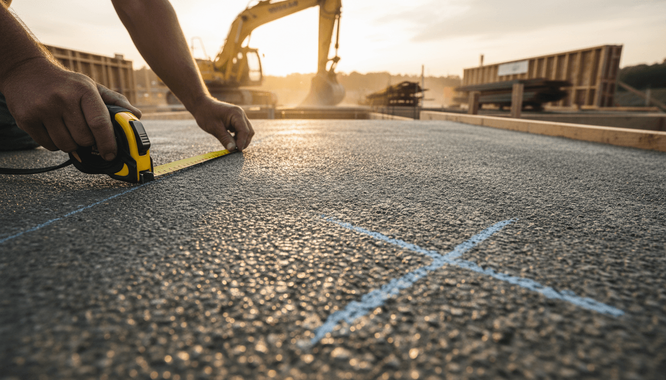 Construction worker measuring concrete foundation on Ballston Spa jobsite