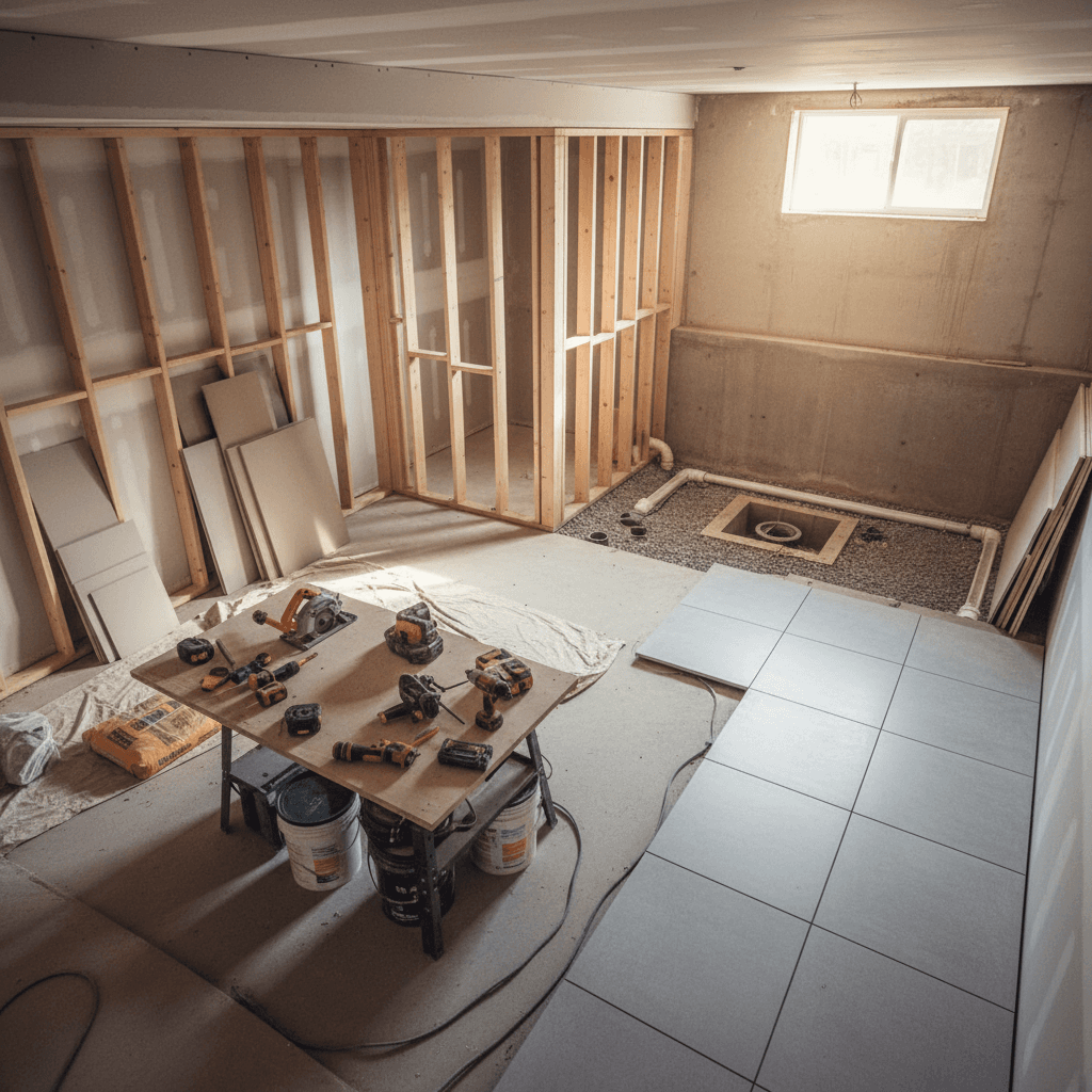 Basement renovation project in progress showing structural completion