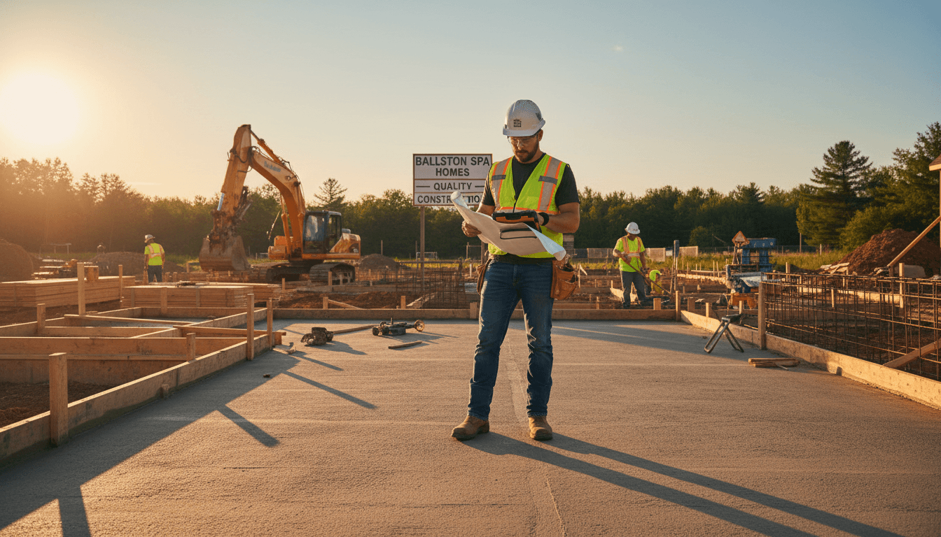 Contractor reviewing concrete foundation work on residential construction project