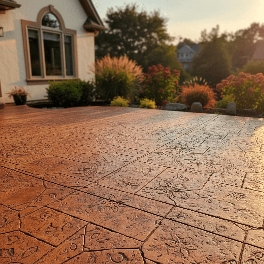 Completed stamped concrete patio in residential setting