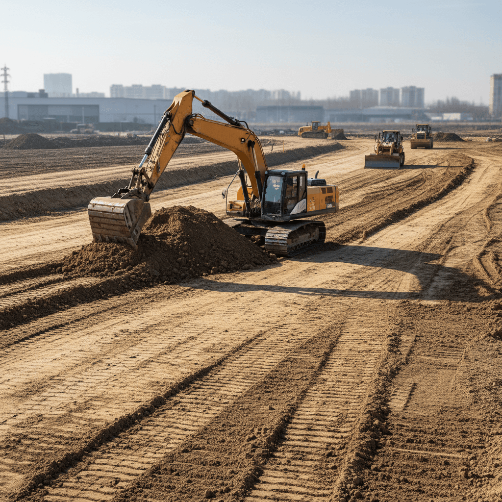 Excavation equipment performing site grading and preparation work
