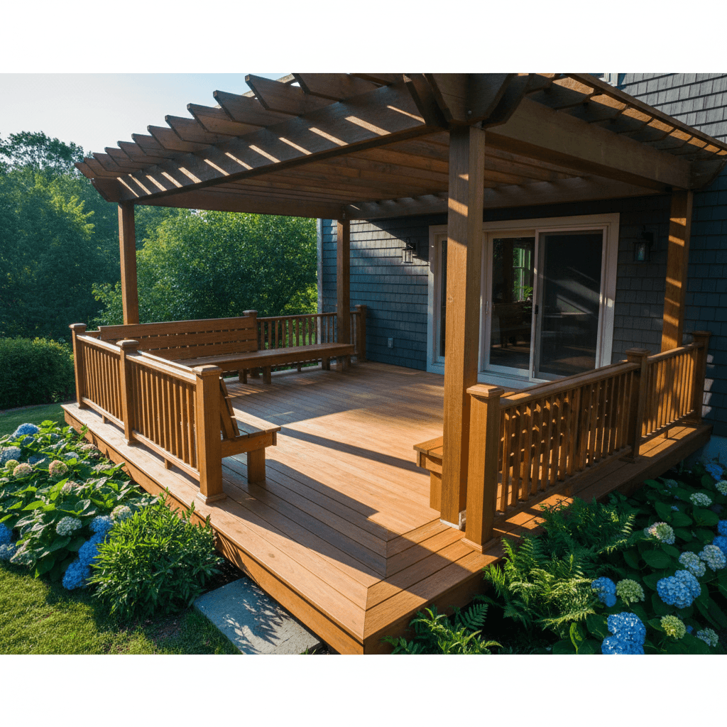 Custom wood deck with pergola and quality railing details