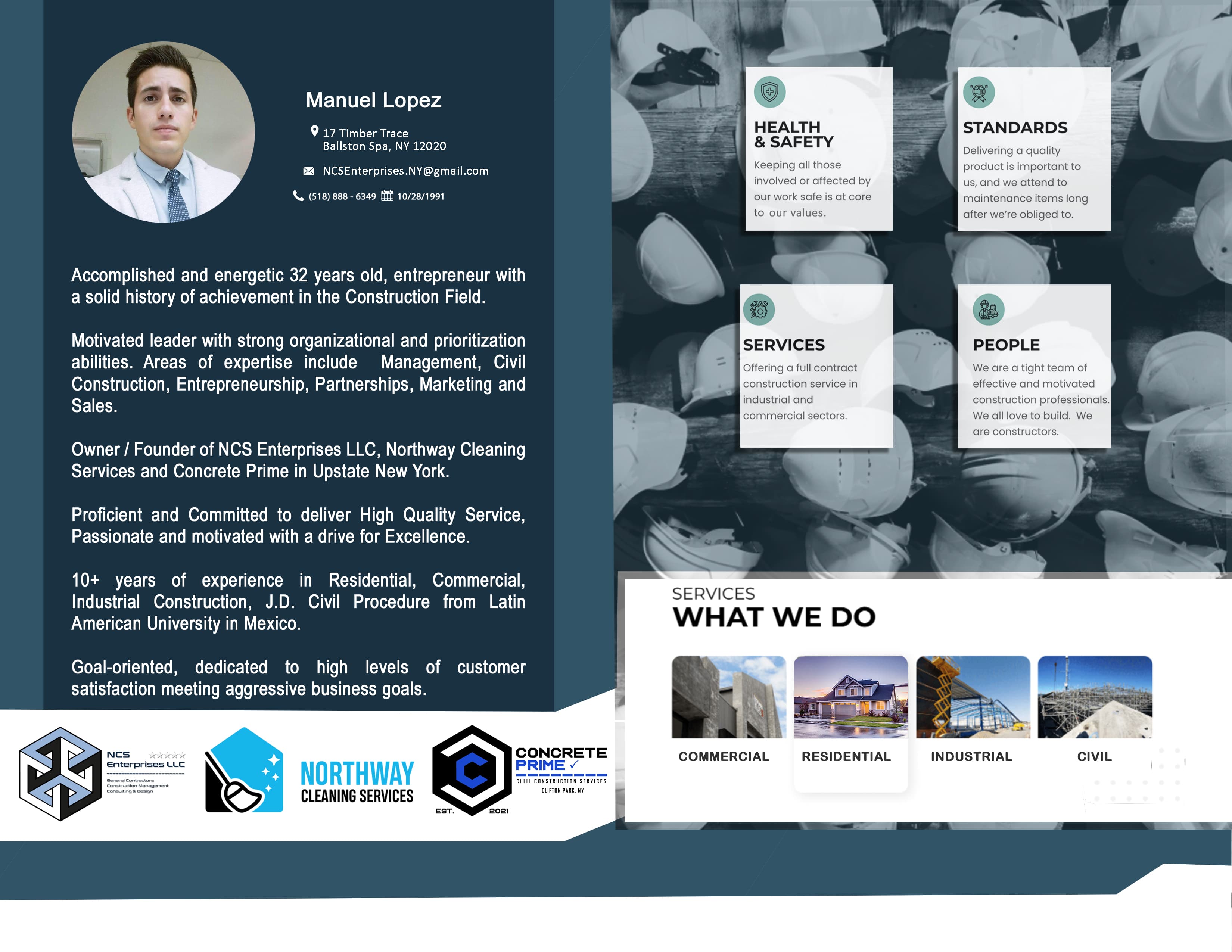 Professional profile for Manuel Lopez, construction entrepreneur, showcasing his experience, values, and service offerings.